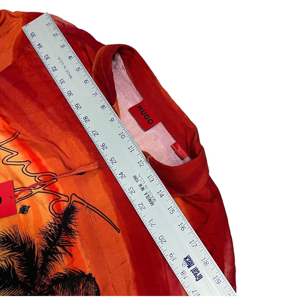 HUGO BOSS SHIRT MENS XL RED ELLINO HAWAIIAN SUNSET PALM TREES TROPICAL YELLOW - Picture 6 of 9